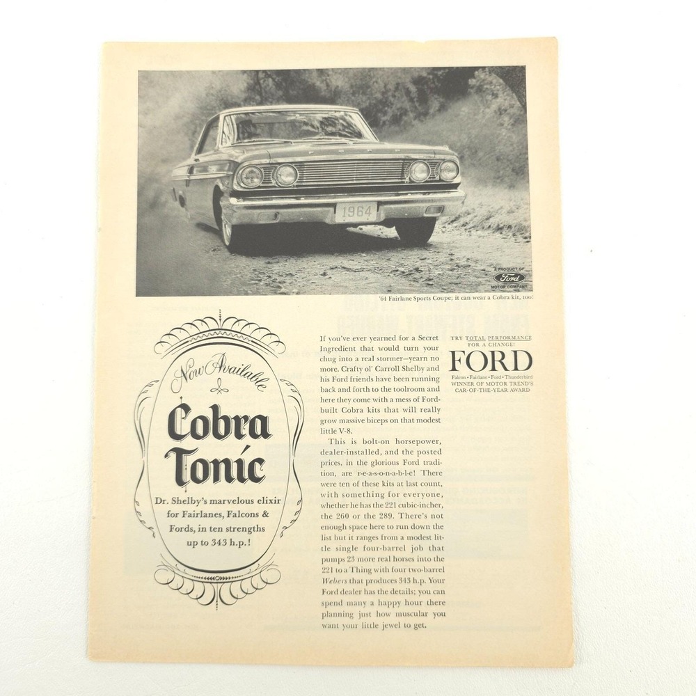 FORD Fairlane Print Ad 1964 Cobra Tonic V8 Promo Art Upcycled Decor Vintage Cars